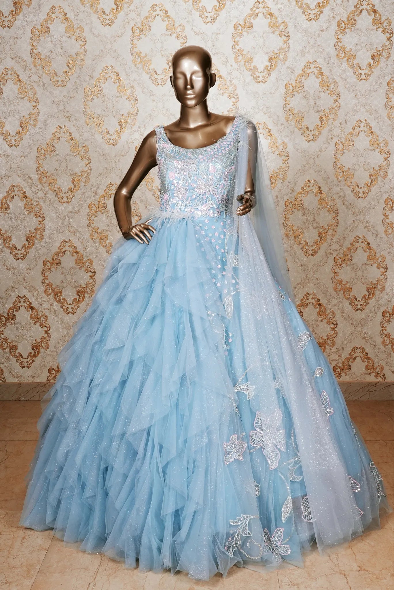Promfast A-Line Wedding Dresses,Blue Sleeveless Tulle Wedding Dress Wi