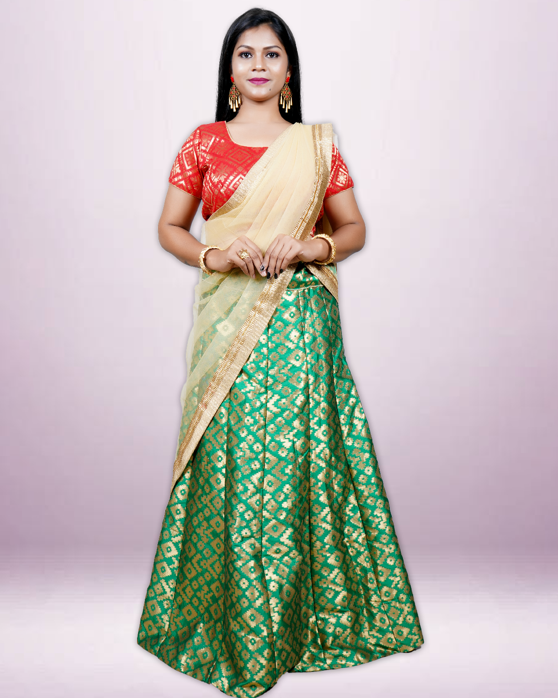SHOPGARB Woven Design Banarasi Silk Semi-Stitched Lehenga Unstitched Blouse  With Dupatta - Absolutely Desi