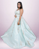 Sky blue sequin and stone work organza gown