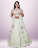 Green georgette lehenga with thread & sequin raw silk blouse