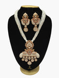 Gold-plated white and red pearl-beaded and stone-studded multi-stranded necklace