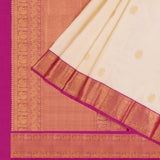 Half white and peacock zari motif with sizzling pink blouse kanchipuram silk saree