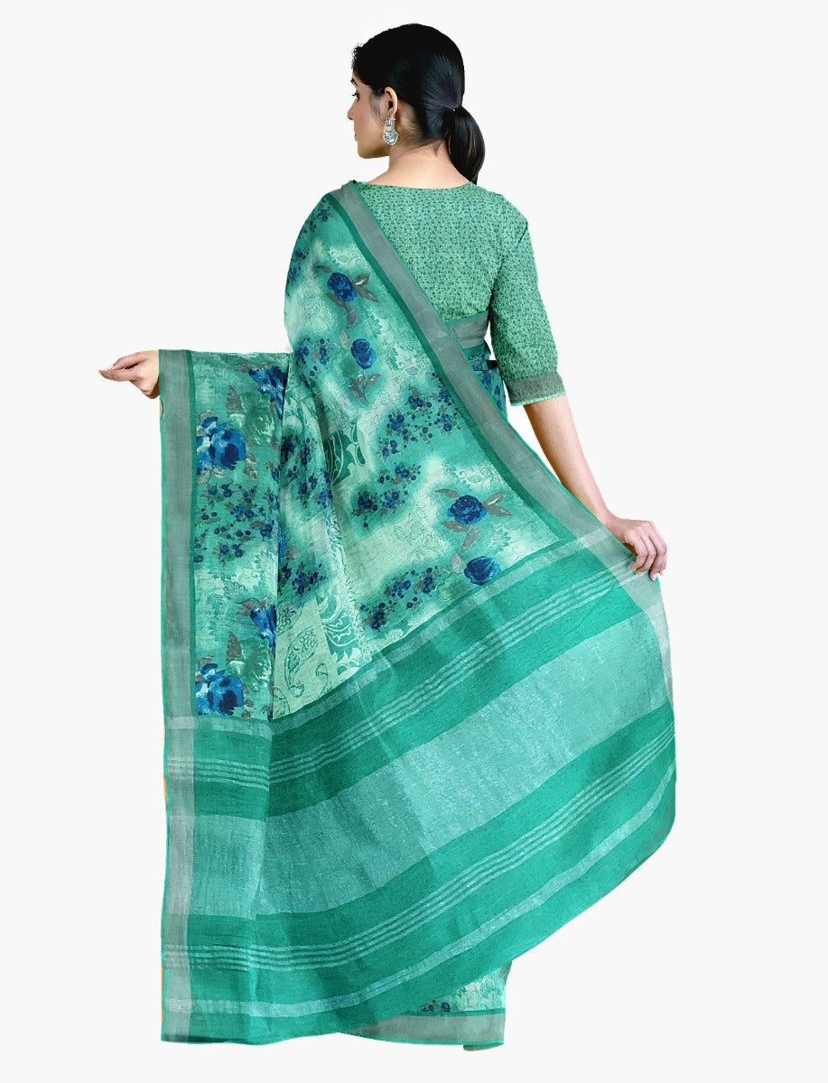 Blissful blue with green shot color linen saree