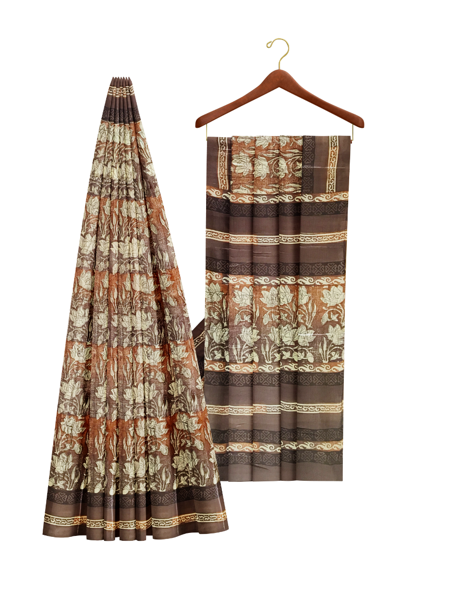 Cream with brown color and floral design tussar silk saree