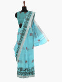 Turquoise Blue With Floral Thread Work Linen Saree