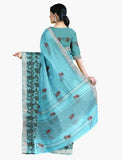 Turquoise Blue With Floral Thread Work Linen Saree