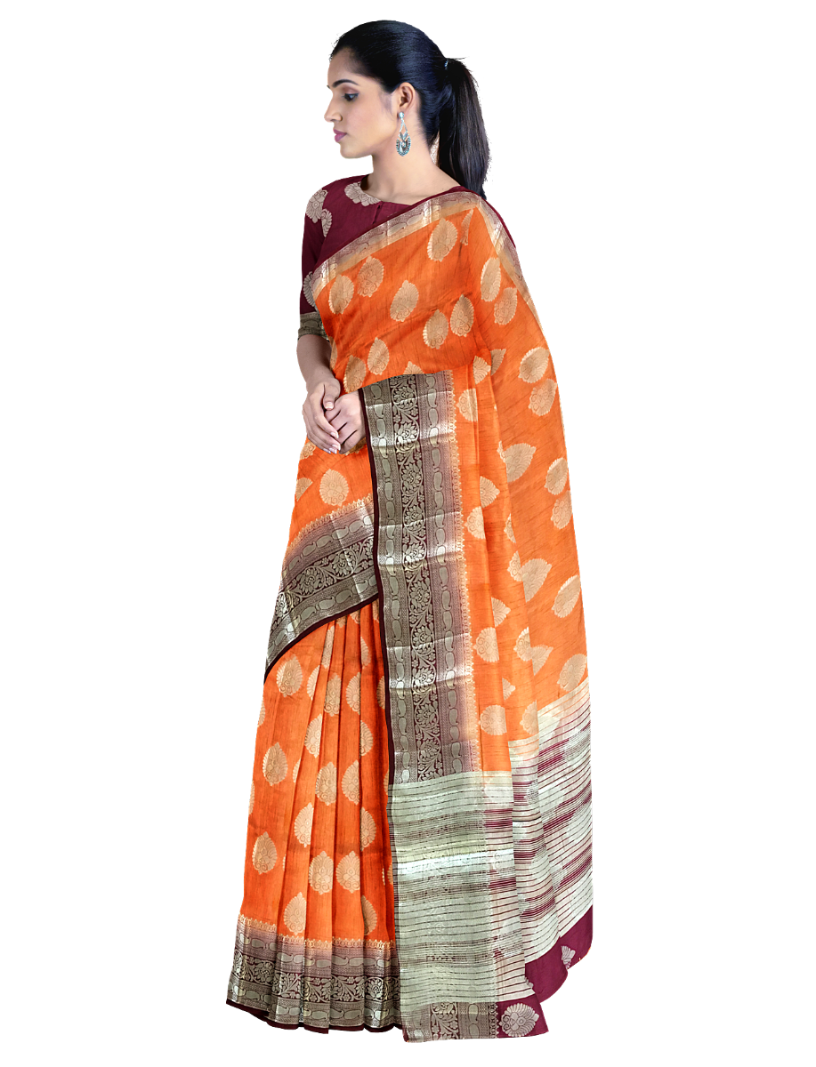Orange with zari butta's and purple blouse casual saree