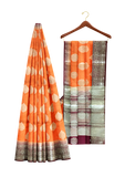 Orange with zari butta's and purple blouse casual saree
