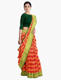 Red with green floral design and green blouse banaras saree